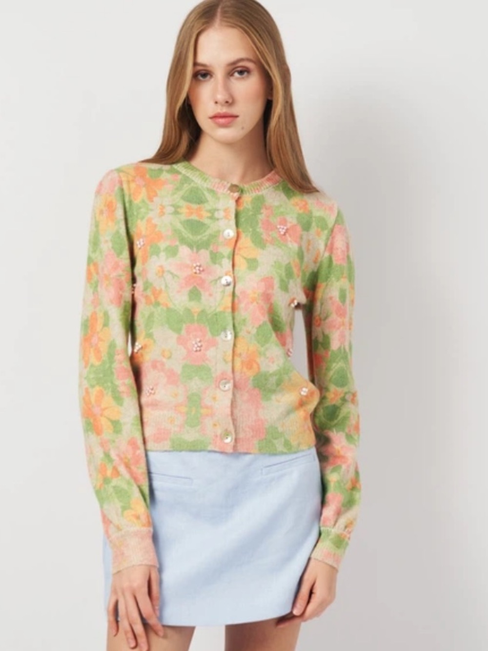 Zara Pastel Green Floral Beaded Button Cardigan